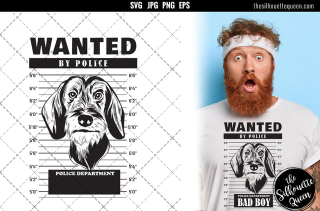 Mugshot of Wire haired dachshund Dog holding banner behind bars SVG Loveleen Kaur 