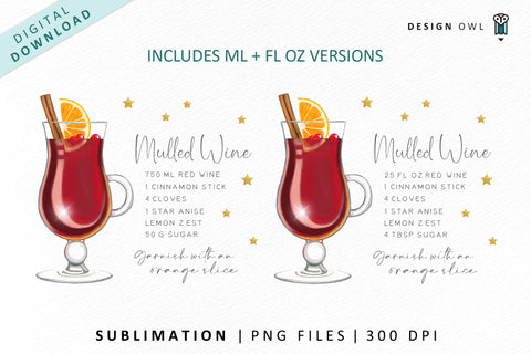 Mulled Wine Christmas Cocktail Recipe Illustration Sublimation Design Owl 