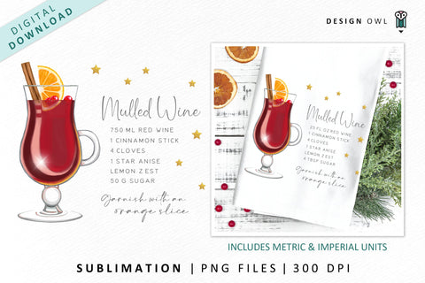 Mulled Wine Christmas Cocktail Recipe Illustration Sublimation Design Owl 