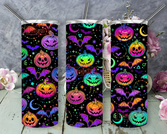 Multicolored Halloween Tumbler PNG, Bright Colorful Sublimation Design, Halloween 20 oz Skinny Tumbler, Halloween Bat Pumpkin Tumbler Wrap PNG File Sublimation DesignSVG 