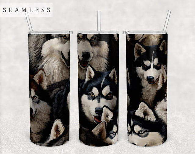 Multiple Huskies Tumbler Wrap, 20oz Skinny Tumbler Sublimation Design, Seamless Siberian Husky Tumbler PNG Sublimation HappyDesignStudio 