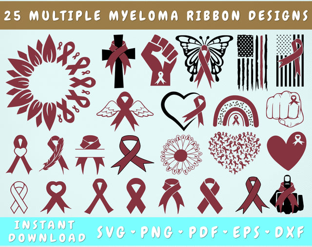 Multiple Myeloma Ribbon SVG Bundle, 25 Designs, Multiple Myeloma Clipart, Burgundy Ribbon SVG, Multiple Myeloma PNG Files, Multiple Myeloma Sunflower SVG SVG HappyDesignStudio 