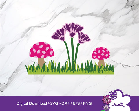 Mushroom and Flower Trio with Grass SVG | Pink and Purple SVG DawnKDesigns 
