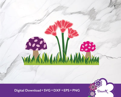 Mushroom and Flower Trio with Grass SVG | Pink, Coral, and Purple SVG DawnKDesigns 