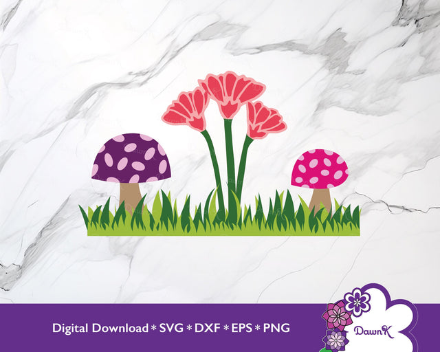 Mushroom and Flower Trio with Grass SVG | Pink, Coral, and Purple SVG DawnKDesigns 