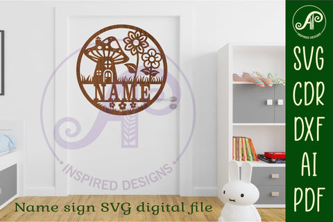 Mushroom house name sign svg laser cut template SVG APInspireddesigns 