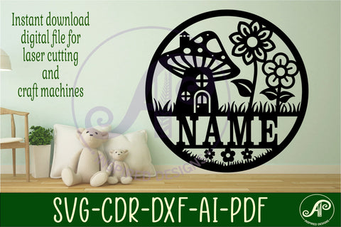 Mushroom house name sign svg laser cut template SVG APInspireddesigns 