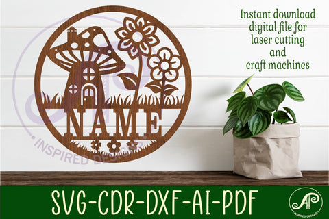 Mushroom house name sign svg laser cut template SVG APInspireddesigns 