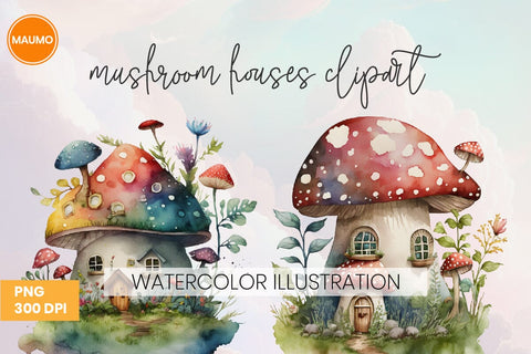 Mushroom houses watercolor clipart Sublimation Maumo Designs 