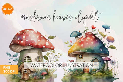 Mushroom houses watercolor clipart Sublimation Maumo Designs 