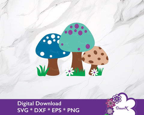 Mushroom Trio with Flowers SVG - digital mushroom svg, trippy mushroom svg, magical mushroom svg SVG DawnKDesigns 