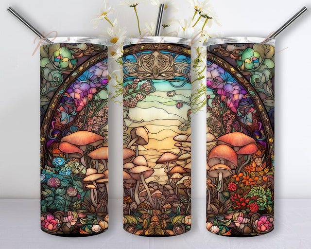 Mushrooms Framed With Flowers 20oz Skinny Tumbler Png, Mushrooms Flowers Tumbler, Stained Glass Mushroom Tumbler Wrap Png, Colorful Mushroom Seamless Sublimation PixelChick 
