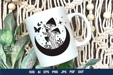Mushrooms SVG Design, Butterflies SVG, Crescent Moon SVG with Butterflies and Mushrooms. SVG Elinorka 