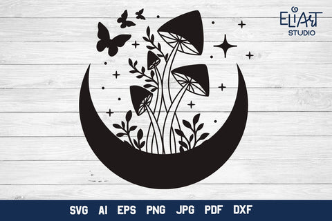 Mushrooms SVG Design, Butterflies SVG, Crescent Moon SVG with Butterflies and Mushrooms. SVG Elinorka 
