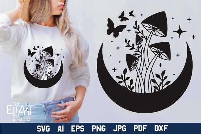 Mushrooms SVG Design, Butterflies SVG, Crescent Moon SVG with Butterflies and Mushrooms. SVG Elinorka 