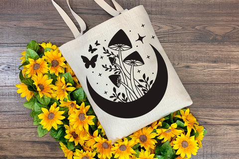 Mushrooms SVG Design, Butterflies SVG, Crescent Moon SVG with Butterflies and Mushrooms. SVG Elinorka 