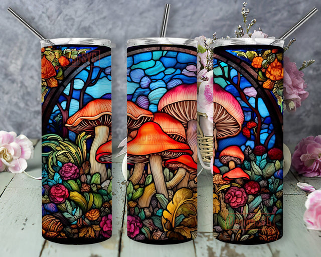 Mushrooms Vibrant Stained Glass 20oz Skinny Tumbler Png, Magic Mushroom Png, Psychedelic Mushroom Png, Colorful Shroom Stained Glass Window Mushroom Png Sublimation DesignSVG 