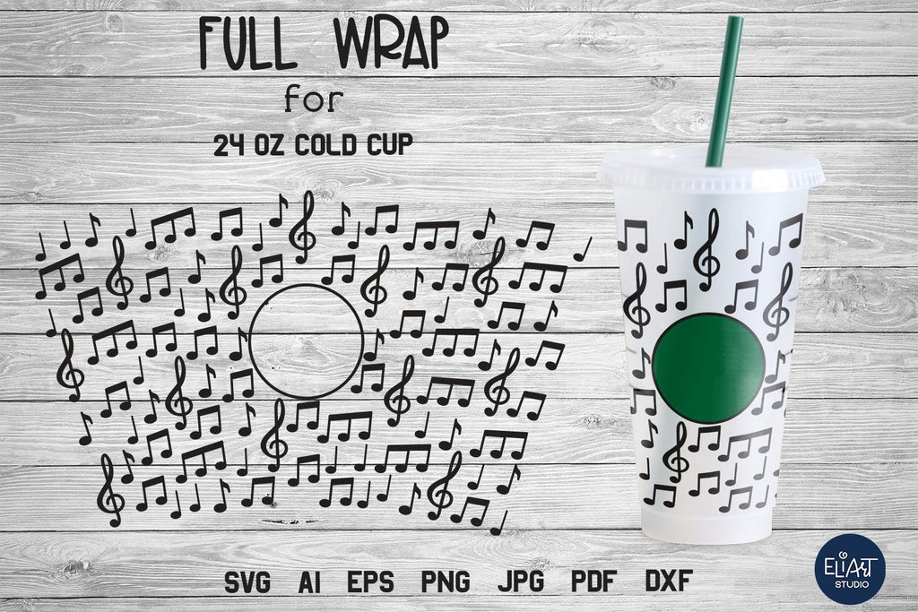 Music Cold Cup Wrap, Notes and Treble Clef SVG, Full Wrap SVG. - So Fontsy