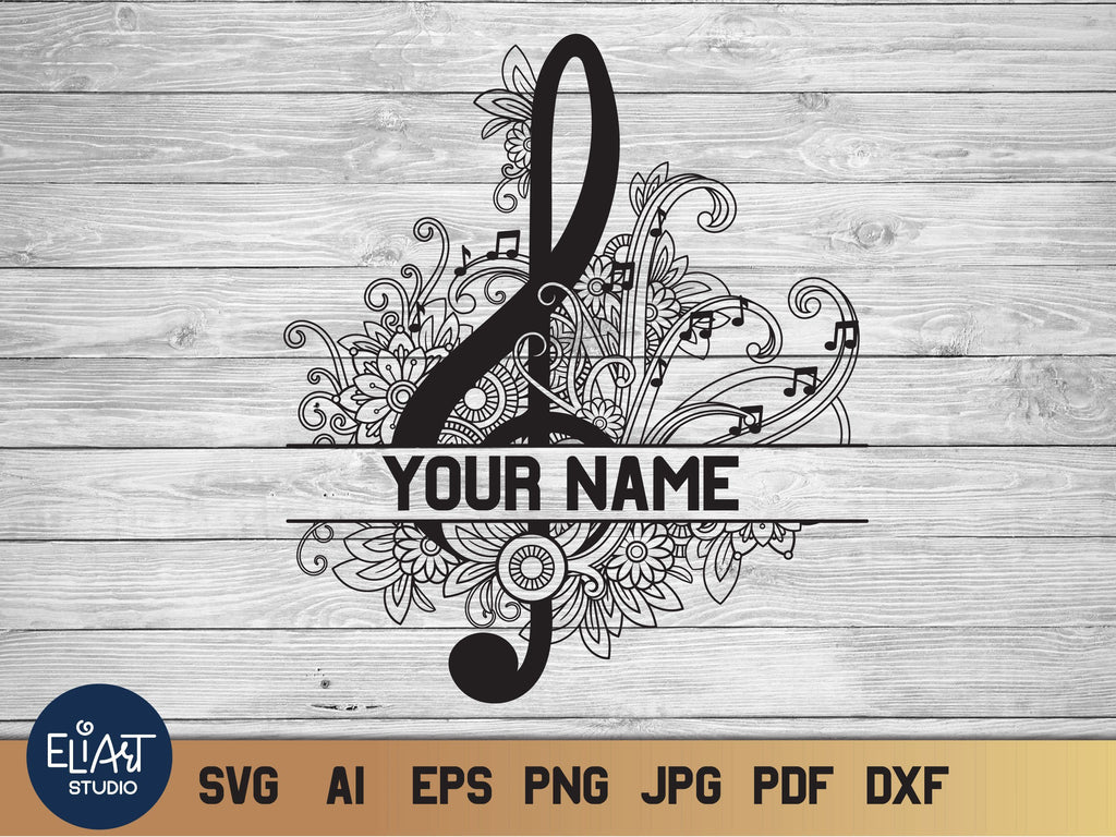 Music Notes SVG, Treble Clef Split Monogram SVG with Flowers. - So Fontsy