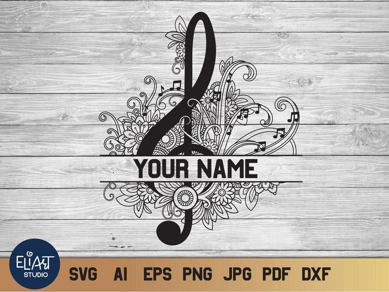 Music Notes SVG, Treble Clef Split Monogram SVG with Flowers. SVG Elinorka 