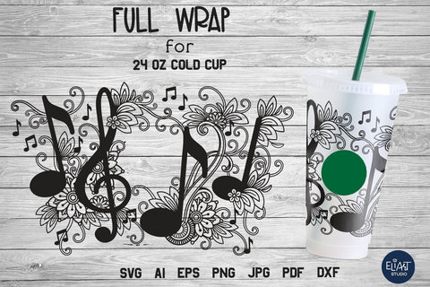 Musical Cold Cup Wrap SVG, 24 OZ Cup, Music Notes and Treble Clef. SVG Elinorka 