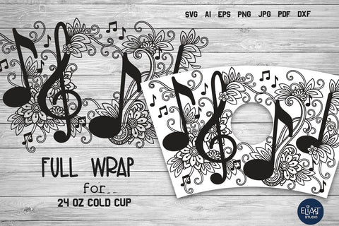 Musical Cold Cup Wrap SVG, 24 OZ Cup, Music Notes and Treble Clef. SVG Elinorka 