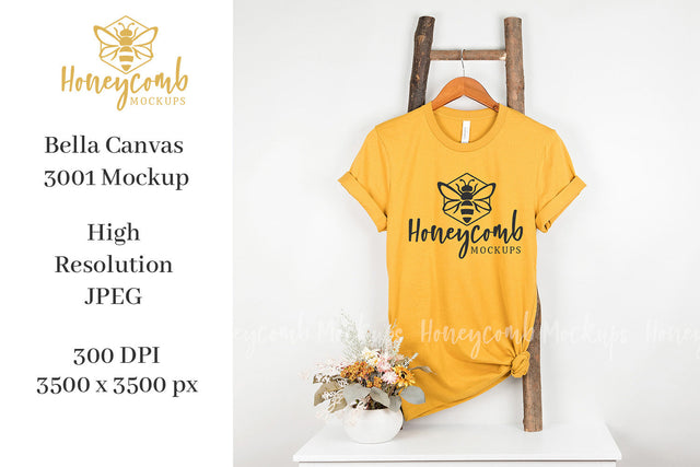 Mustard Bella Canvas 3001 Mockup, Hanging Ladder Mockup, Women's T-Shirt Mockup, Fall Mockup Mock Up Photo Honeycomb Mockups 