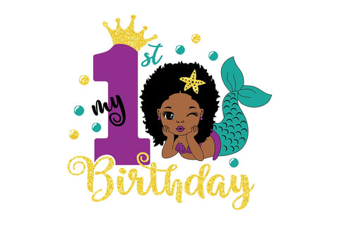 My 1St Birthday, Afro Mermaid Svg, Mermaid Svg, Glitter Png, Birthday Girl Svg, Black Woman Clipart, Afro Woman Svg, Glamour Female SVG 1uniqueminute 