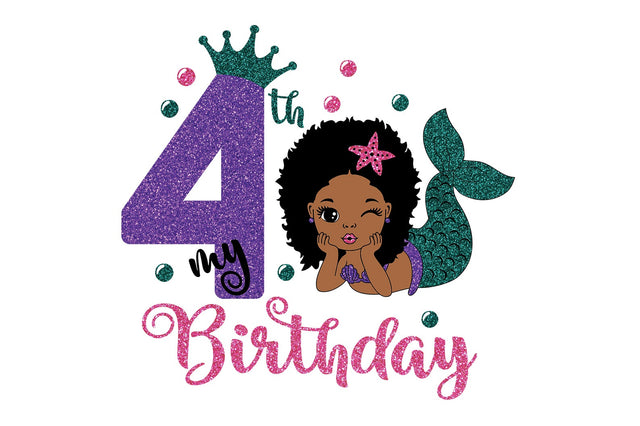 My 4th Birthday, Afro Mermaid Svg, Birthday Mermaid Svg, Mermaid Princess Svg, Birthday Girl Svg, Black Woman Clipart, Glamour Female SVG 1uniqueminute 