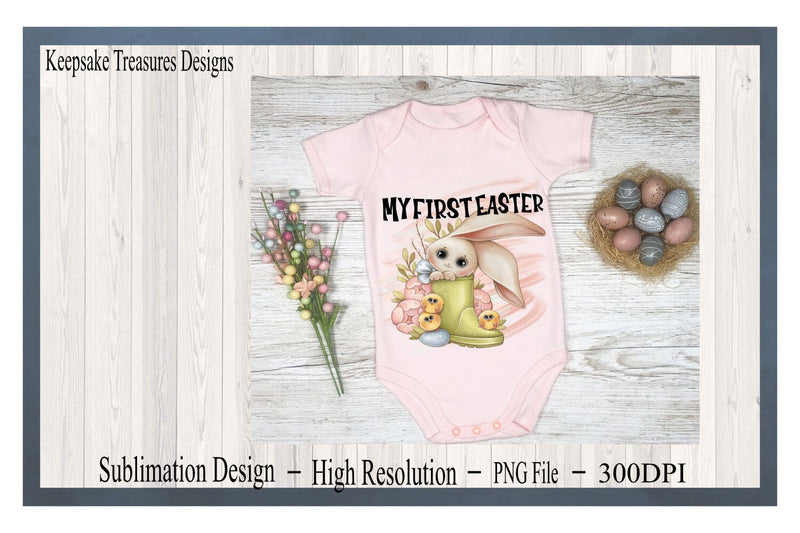 My First Easter, Floppy Ear Bunny and Chicks, PNG Sublimation Design, Digital Download, My First Easter Clipart Sublimation Keepsake Treasures Designs LLC. 
