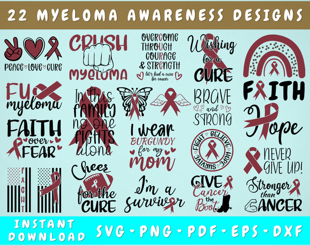 Myeloma Awareness SVG Bundle, 22 Designs, Burgundy Cancer Ribbon SVG SVG HappyDesignStudio 