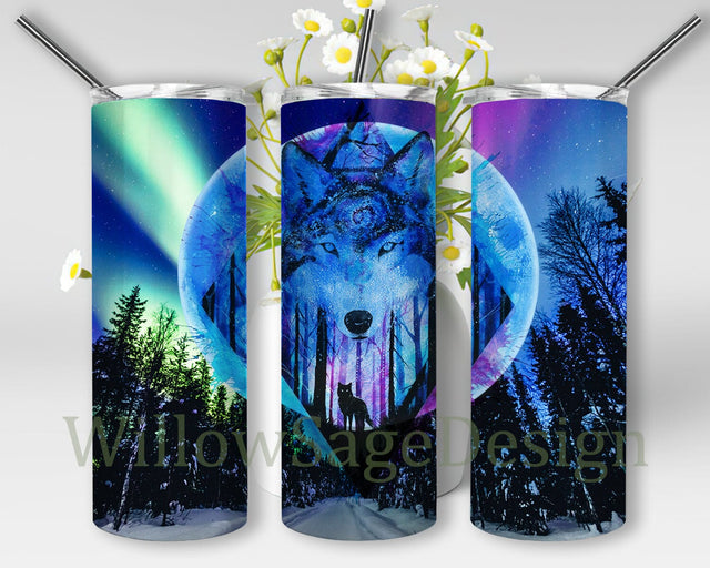 Mysterious Wolf Tumbler Png, Wolf Head Shining Moon 20oz Skinny Tumbler, Winter Forest Aurora Borealis Tumbler Wrap, Wolf Sublimation Design, Digital Download Sublimation WillowSageDesign 