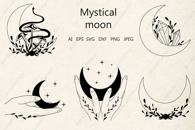 Mystic moon svg, Magical clipart, Celestial moon svg, Boho snake and crystal svg SVG AnastasiyaArtDesign 