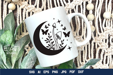 Mystical Moon SVG Design, Crescent Moon SVG with Stars and Mushrooms, Half Moon SVG Design. SVG Elinorka 