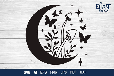 Mystical Moon SVG Design, Crescent Moon SVG with Stars and Mushrooms, Half Moon SVG Design. SVG Elinorka 