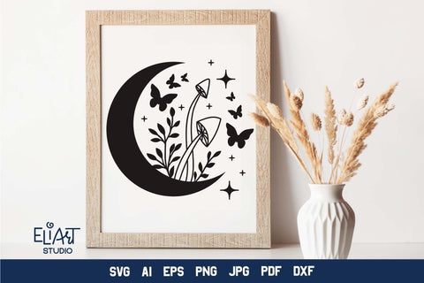 Mystical Moon SVG Design, Crescent Moon SVG with Stars and Mushrooms, Half Moon SVG Design. SVG Elinorka 