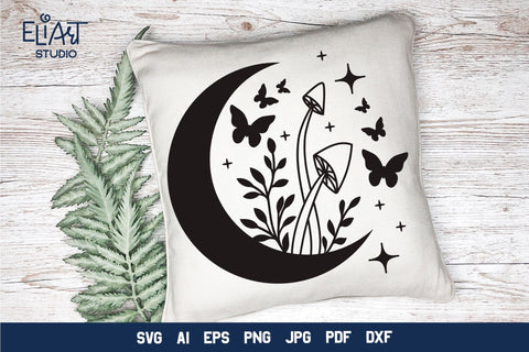 Mystical Moon SVG Design, Crescent Moon SVG with Stars and Mushrooms, Half Moon SVG Design. SVG Elinorka 