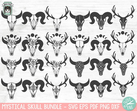 Mystical Skull SVG file Bundle, Cow Skull svg, Deer Skull svg, Ram Skull svg, Goth svg, Moon Phases svg, Witchy svg files, Floral Skull png SVG Wild Pilot 
