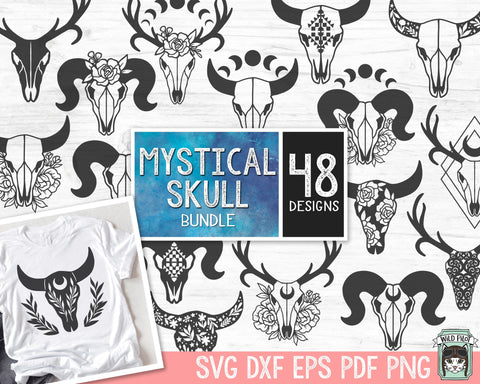 Mystical Skull SVG file Bundle, Cow Skull svg, Deer Skull svg, Ram Skull svg, Goth svg, Moon Phases svg, Witchy svg files, Floral Skull png SVG Wild Pilot 
