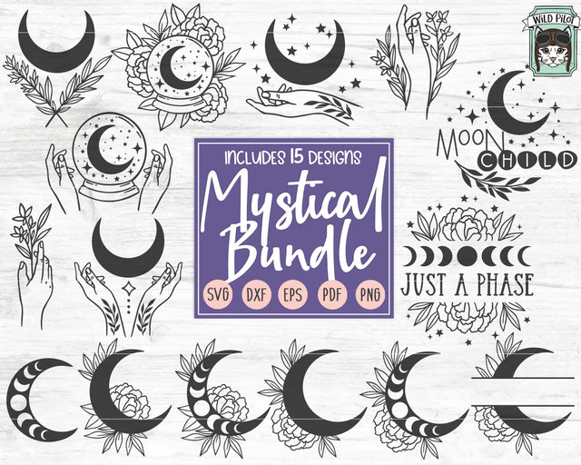 Mystical SVG file Bundle, Floral Moon svg, Moon Phases svg, Moon cut file, Crystal Ball SVG, Witchy svg files, Just a Phase SVG, Moon Child SVG, Hands SVG SVG Wild Pilot 