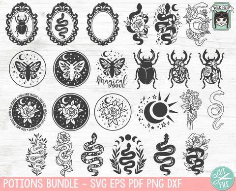 Mystical SVG file Bundle, Floral Snake svg, Flower Sword svg, Dagger cut file, Witchy svg files, Magic svg files, Beetle svg, Moth svg, Crystal Ball svg SVG Wild Pilot 