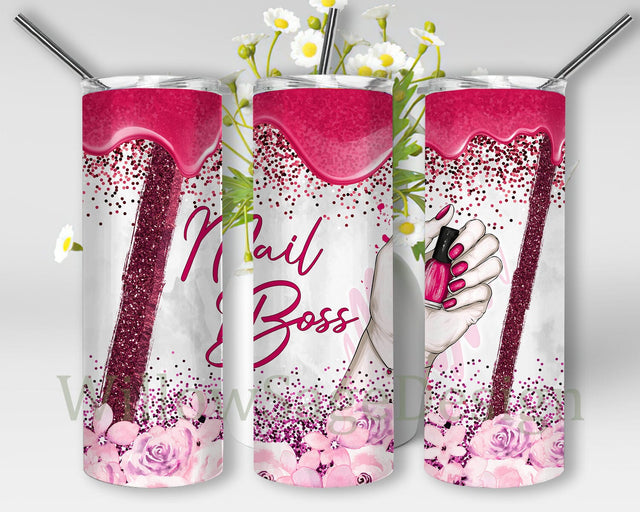 Nail Boss 20oz Skinny Tumbler, Nail Life Tumbler Design, Flower Glitter Tumbler Wrap, Nail Tech Sublimation Design, Nail Artist Tumbler Png, Digital Download Sublimation WillowSageDesign 
