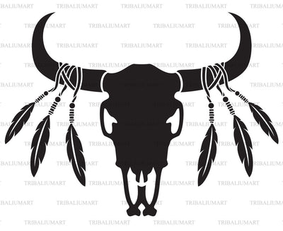 Native American bull or cow skull with feathers SVG TribaliumArtSF 