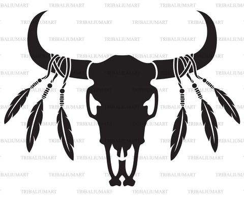 Native American bull or cow skull with feathers SVG TribaliumArtSF 