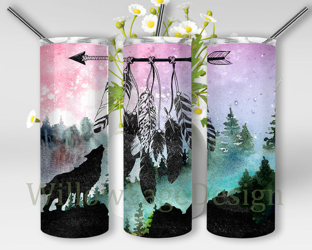 Native Wolf With Feathers 20oz Tumbler Template, Wolf Tumbler Png, Watercolor Tumbler Design, Native Wolf Sublimation Design for Straight, Digital Download Sublimation WillowSageDesign 