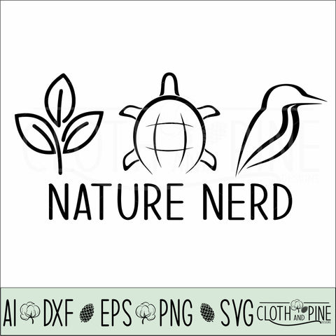 Nature Nerd with Plant, Turtle and Bird Outlines SVG Cloth and Pine Designs 