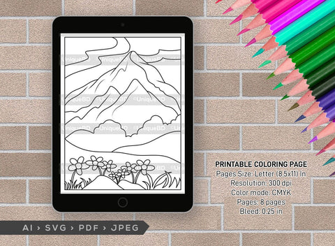Nature With Mountains Printable Coloring Page Bundle, PDF Colouring Book, Instant Download, CBP00003 SVG ETC Craft 