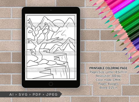 Nature With Mountains Printable Coloring Page Bundle, PDF Colouring Book, Instant Download, CBP00003 SVG ETC Craft 