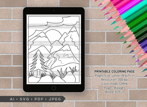 Nature With Mountains Printable Coloring Page Bundle, PDF Colouring Book, Instant Download, CBP00003 SVG ETC Craft 