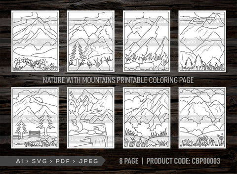 Nature With Mountains Printable Coloring Page Bundle, PDF Colouring Book, Instant Download, CBP00003 SVG ETC Craft 